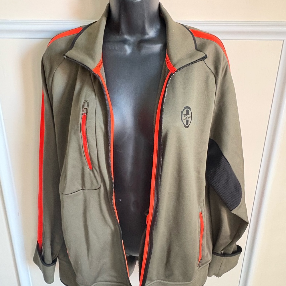 Ralph Lauren Large Polo Performance Olive Green Jacket with Bright Orange Trim